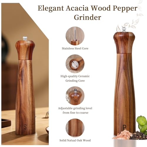 Haomacro 10-Inch Acacia Wood Salt & Pepper Grinder Set, Yellow Brown, 2 Pack
