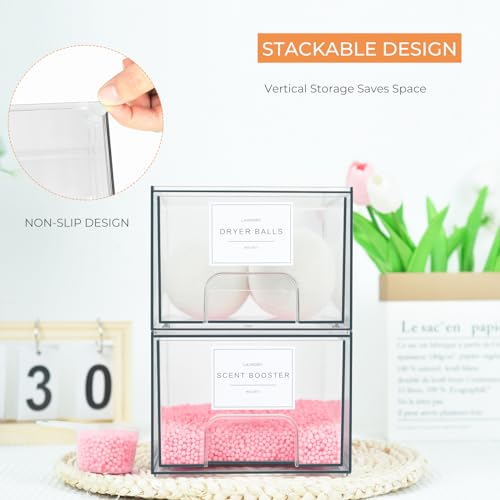 Rolheit 4 Pack Laundry Room Storage Drawers with Labels - Stackable Dryer Sheet & Pod Containers