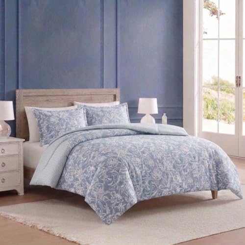 Queen Size Cotton Comforter Set with Matching Shams - Reversible Floral & Basketweave Design, Tortola Blue