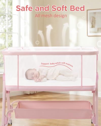 Baby Bedside Sleeper Bassinet with Storage Basket & Wheels - Pink - Variation of THIS listing