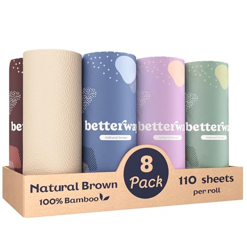 Betterway Bamboo Paper Towels 8 Rolls, 2-Ply, Compostable & Plastic-Free - Brown, 110 Sheets Each