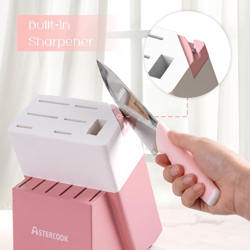 Pink 15-Piece Kitchen Knife Set with Block & Sharpener - High-Carbon Stainless Steel