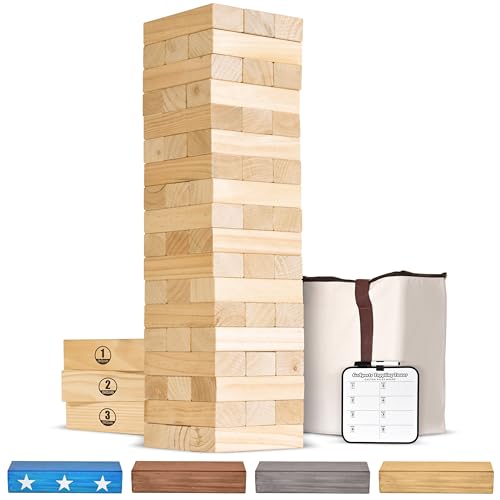 Giant Wooden Stacking Game - Natural Wood Finish, Topples Up to 5 ft - Includes 54 Blocks & Carrying Case - Outdoor & Indoor Fun