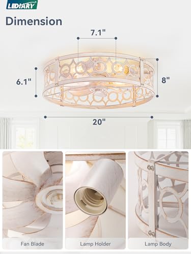LEDIARY 20in Caged Low Profile Ceiling Fan Light with Remote - White & Gold