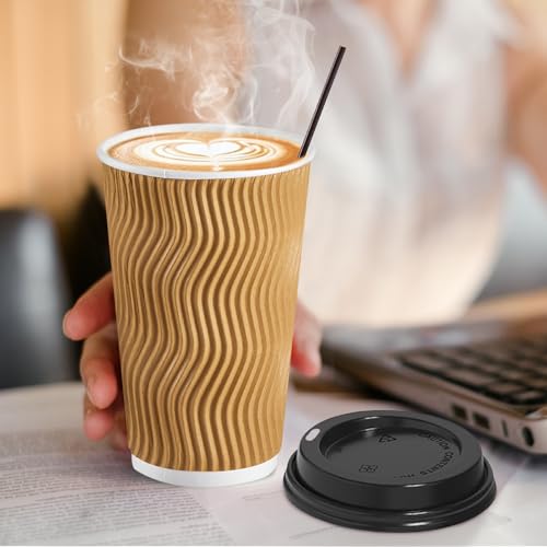 16 oz Disposable Coffee Cups with Lids & Straws - Champagne Pack of 90