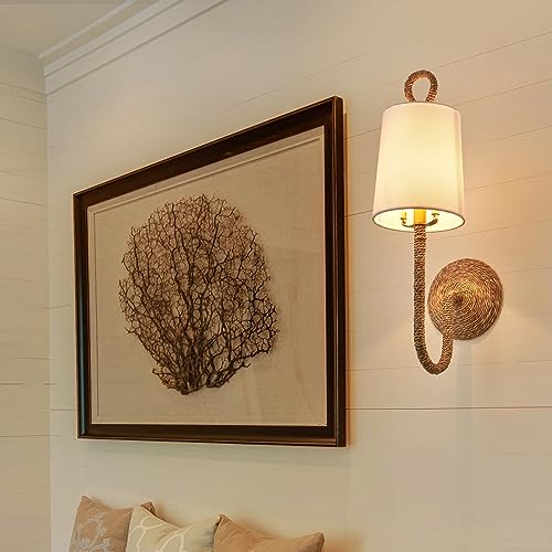 White Rattan Wall Sconce Set of 2 with Wicker Shade Boho Farmhouse Decor