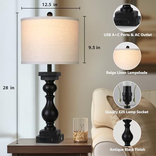 Black Farmhouse Table Lamps Set of 2 with USB A+C & AC Outlets - 28 Inch Touch Rustic Bedside Lamps