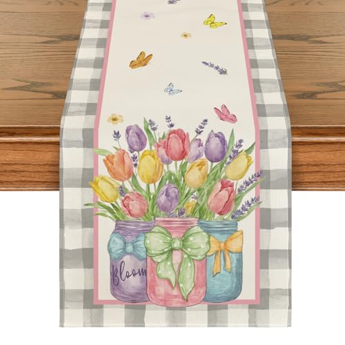 Artoid Mode Buffalo Plaid Floral 13x120 Table Runner – Black/Silver