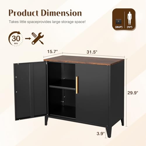 Letaya Metal Storage Cabinet with Doors - Small Kitchen Office Credenza, Black, 16 x 32 x 30 Inches