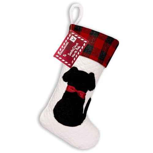 Dog Christmas Stocking Dual-Layer, 20 inch Dog Stocking Single, Pet Christmas Stockings with 3D Black Doggy, Large Animal Buffalo Red Plaid Xmas Stockings for Dogs Family Decorations