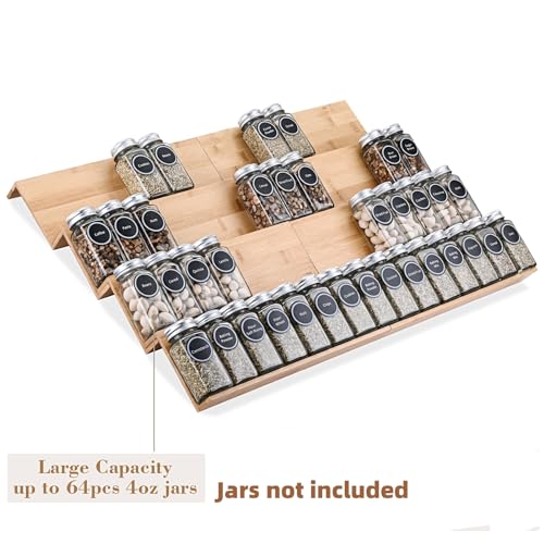 Mulush Bamboo Spice Rack Tray — 8-Piece Drawer Organizer for Kitchen Cabinets