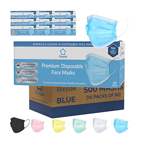 Litepak 500pcs Disposable Face Masks - Blue, Soft 3-Ply with Nose Wire