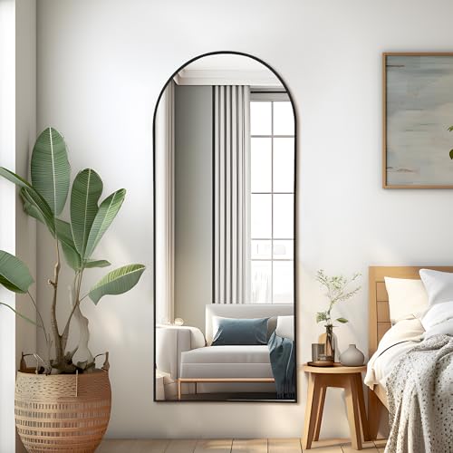 Full Length Arched Floor Mirror with Stand - 56x19 inch Black Aluminum Frame, Freestanding or Wall-Mounted