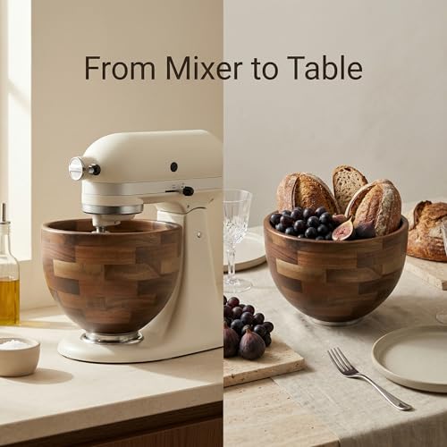 Natural Wood Mixing Bowl for KitchenAid Tilt-Head Stand Mixers - 4.5-5 Qt, Acacia with Stainless Steel Base - Variation of Natural Wood