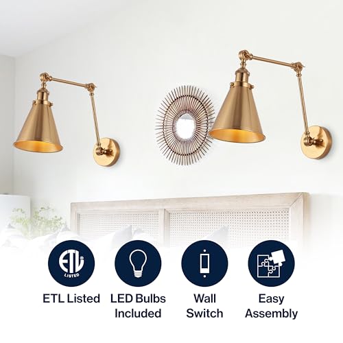 Wall Sconce Set of 2 - 7-Inch Brass Gold Adjustable Wall Lights