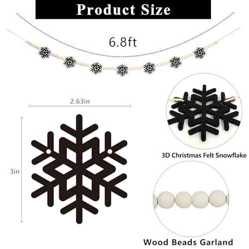 DAZONGE Christmas Decorations, Felt Snowflake Garland and Wood Beads for Farmhouse Christmas Banner Decor, Wall, Shelf, and Holiday Decorations