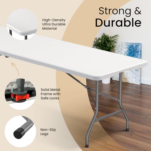 White 8ft Foldable Camping Table with Handle & Steel Legs - Heavy Duty Portable Indoor & Outdoor Event Table