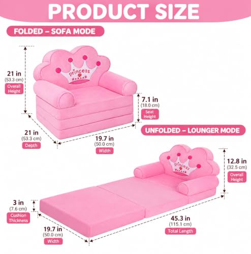 Kids Foldable Couch - Princess Chair for Toddlers, Pink, Model: Sofa