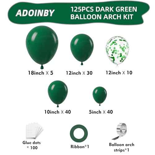 Green Balloon Arch Kit, 125Pcs Emerald Hunter Dark Green Latex Balloon Garland kit, 18 12 10 5 Inch Different Size Balloons for Anniversary Birthday Jungle Theme Christmas Party Decorations