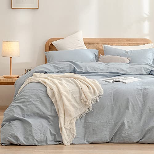 BESTOUCH Cotton Solid Duvet Cover Set Queen Cornflower Blue Linen Feel 90x90