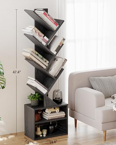 Black 6-Tier Tree Bookshelf with Storage Cabinet - Compact Tall Bookcase