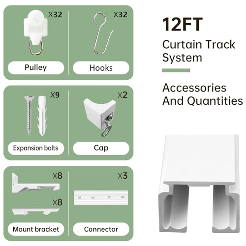 MaKefeile 12FT Ceiling Curtain Track Kit White Wall & Ceiling Mount Sliding Door Rails