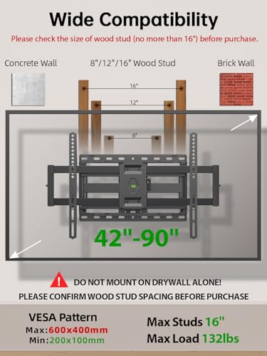 USX Mount Full Motion TV Wall Mount for 42-90 Inch TVs Up to 132lbs - Adjustable Swivel & Tilt