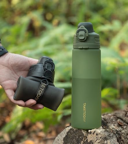 Foldable 21oz Collapsible Water Bottle with Straw & Carry Strap - Black & Jungle