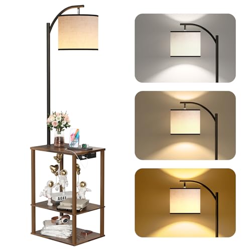 SUNMORY Rustic Brown Floor Lamp with Shelves & Charging Station - End Side Table for Living Room