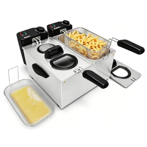 7.4QT Double Deep Fryer with 2 Baskets, 3000W Oil Filtration System