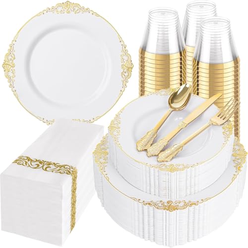 White and Gold Disposable Plates Set for Weddings and Events - 50 Pieces