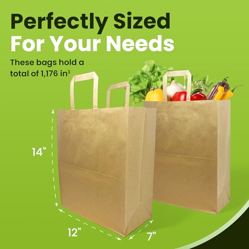 Large Kraft Paper Grocery Bags with Handles | 12x7x14 Inches, 100 Pack