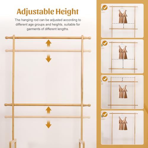 Natural Bamboo Kids Clothing Rack with 2 Storage Baskets & Adjustable Rods — Holds Up to 121 Lbs