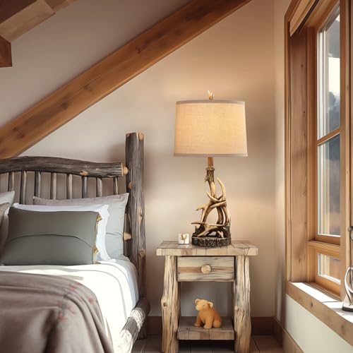 Rustic Deer Antler Table Lamp with USB Ports - 27.25'' Tall Western Country Nightstand Light