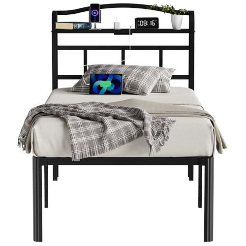 Twin Bed Frame with Storage Headboard and Charging Station - 18 Inch Black, Easy Assembly