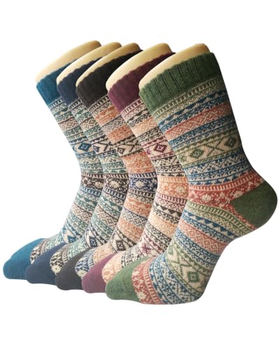 Senker Fashion Wool Socks for Women - 5 Pairs Winter Warm Crew Boot Socks, One Size, Blue Dark Blue Brown Red Green