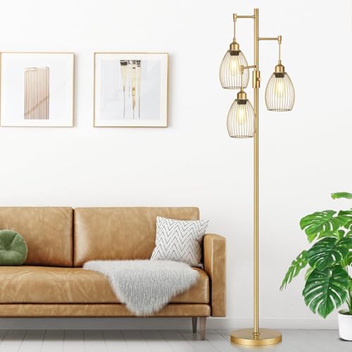 Dimmable Industrial Floor Lamp - Gold Tree Standing Lamp with Teardrop Cage Heads, 70-Inch Tall, 800 Lumens LED Bulbs Included - Variation: Gold