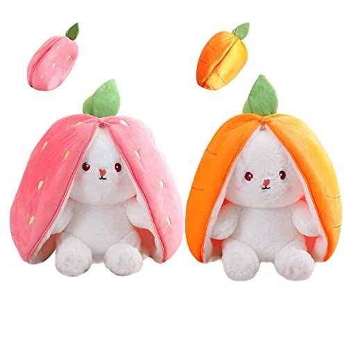2PCS Plush Toy Pillow, Reversible Carrot Strawberry Bunny Plush with Zipper, Easter Bunny Stuffed Animal Cute Rabbit Plushie Birthday Gift for Boys Girls Kids (2pcs 7" Strawberry&Carrot)