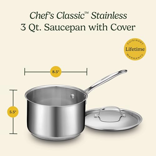 Cuisinart 3-Quart Stainless Steel Saucepan with Lid, Induction Ready, Drip-Free Pouring