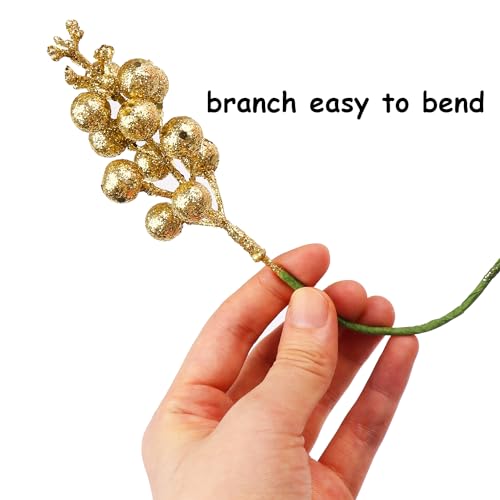 DIYASY Gold Glitter Berry Stems - 20 Pcs Artificial Christmas Tree Picks & Wreath Decor