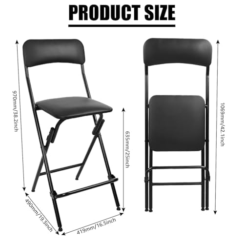 Veni Home 2-Pack Folding Bar Stools with Backrest, 25 Inch Leather Padded Counter Height Chairs, Black