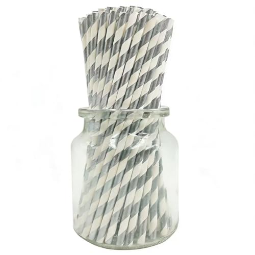 WaBaHa Solid Silver & White Striped Paper Drinking Straws, 100 Pack, Biodegradable, 7.75"