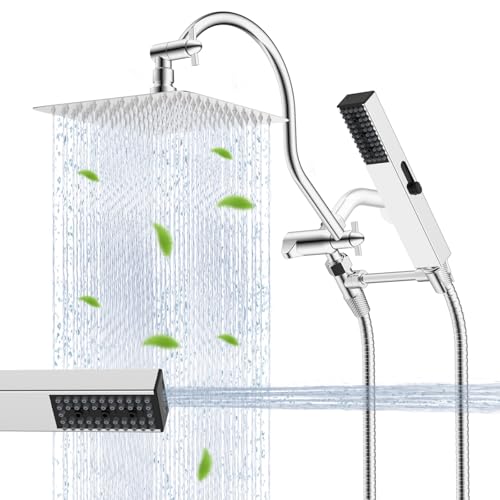 Square 10-Inch Metal Rainfall Shower Head - Chrome, cUPC Certified High Pressure Handheld Combo with 12-Inch Extension