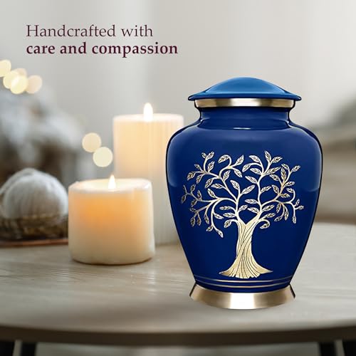 Blue Tree of Life Cremation Urn for Adults - Handcrafted Aluminum Memorial with Threaded Lid