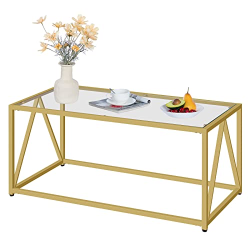 HOOBRO Gold Glass Coffee Table - Modern 1-Layer Center Table for Living Room & Office