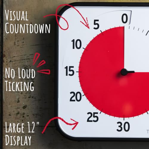 Kids Visual Timer 12 Inch Black & Red 60-Minute Desk & Classroom Clock with Dry Erase Card