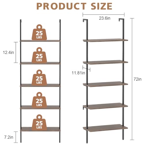 5-Tier Wall-Mounted Ladder Shelf - Brown Industrial Bookshelf, 23.6in