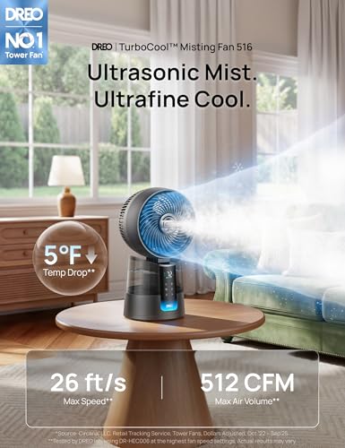 DREO TurboCool Misting Fan Grey - 5°F Cooling, Ultrasonic Quiet Oscillating Portable Fan