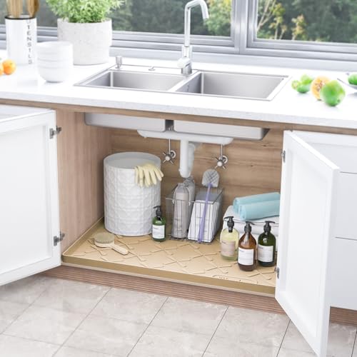 SIKADEER Waterproof Under Sink Mat Beige 34" x 22" Silicone Kitchen Liner