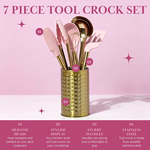 Paris Hilton 7-Piece Kitchen Utensil Set with Silicone Tools & Stainless Steel Crock, Pink & Gold